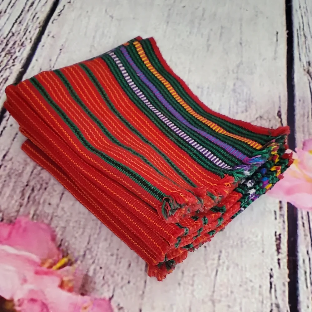 6 Woven Red Stripe Multicolor Rectangular Placemats.